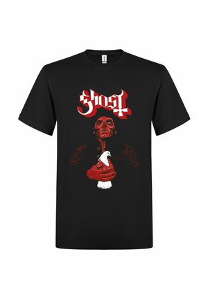 Sort T-shirt med rød og hvid grafik, der viser en figur med rødt skind, som holder en hvid due, med stiliseret rød tekst "Ghost" ovenover.