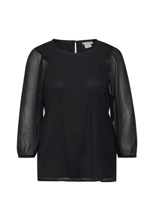 Blouse noire avec un col rond, des manches longues transparentes et un dos avec un détail en forme de trou de serrure. Fabriquée en tissu léger, texture douce.