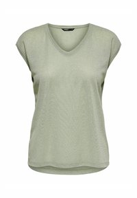 Top de manga corta y cuello en V en verde claro con un ligero brillo, que presenta un corte holgado y una textura suave.
