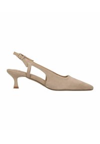 Beige suède slingback schoen met een spitse neus, uitsnijdingen aan de zijkant en een slanke hak. Verstelbare band met een metalen gespsluiting.