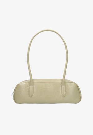 Sac à main en cuir beige longue forme ovale avec doubles sangles d'épaule et logo embossé subtil centré sur le devant.
