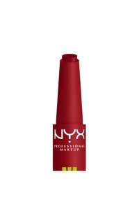 Crème à lèvres mate douce rouge NYX Professional Makeup avec applicateur rétractable, présentée fermée sur fond blanc.
