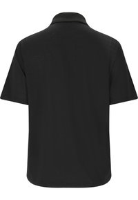 Svart kortärmad pikétröja med klassisk krage. Slät textur, avslappnad passform och inga synliga mönster eller detaljer.