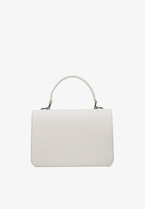 Light grey structured handbag with a textured surface, a top handle, and a gold logo detail on the front. Minimalist design, no visible hardware.