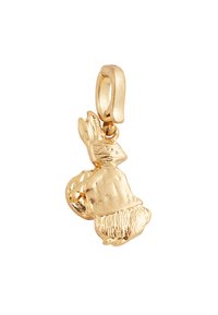 Zlatý prívesok zajaca s detailným spracovaním, vrátane štruktúrovaného tela, vzpriamených uší a slučky na pripevnenie. Kompaktný a trojrozmerný dizajn.