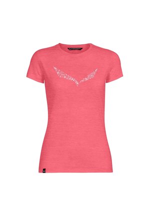T-shirt femme moulant rose à manches courtes avec un logo d'oiseau stylisé blanc composé de motifs floraux, centré sur la poitrine.