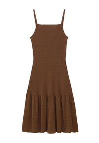 Robe midi marron sans manches avec fines bretelles et un ourlet froncé et évasé.