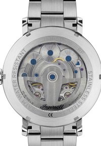 Automatyczny zegarek ze stali nierdzewnej z przezroczystym tyłem, ukazującym skomplikowane tryby, niebieskie akcenty i grawerowane detale. Wodoodporny.