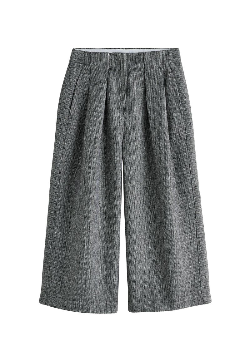 Graue Hahnentritt-Hosen mit weitem Bein und gefaltetem Vorderdesign, aus strukturiertem Stoff mit geradem Schnitt und seitlichen Taschen.