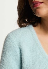 Femme portant un pull en tricot bleu clair à col en V, lèvres visibles et cheveux bruns foncés de longueur épaule.