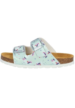 Helleblaue Rutsch-Sandale mit Einhorn- und Herzmustern, doppelt verstellbaren silbernen Schnallen, Korkfußbett und weißer Gummisohle.