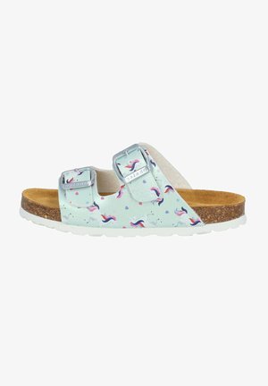 Helleblaue Rutsch-Sandale mit Einhorn- und Herzmustern, doppelt verstellbaren silbernen Schnallen, Korkfußbett und weißer Gummisohle.