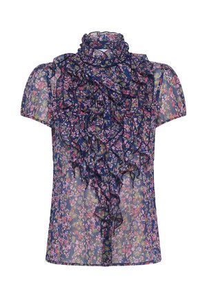 Blusa de gasa floral en azul marino, con un escote fruncido y mangas cortas, con un colorido estampado floral por todo el tejido.
