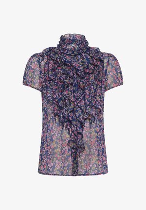 Transparante bloemenblouse in marineblauw, met een geraffineerde halslijn en korte mouwen, met een kleurrijk bloemenpatroon overal.