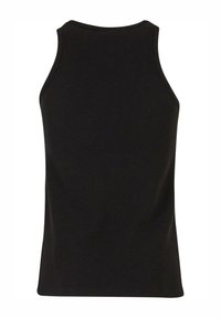 Schwarzes, geripptes Tanktop mit rundem Ausschnitt und breiten Trägern. Der Stoff hat ein strukturiertes Aussehen und eignet sich gut für legere Anlässe.