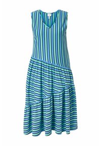 Ärmlös klänning i ljusblå och svarta ränder. V-ringning, lagerdesign med volangkant, tillverkad av mjukt, stretchigt material.