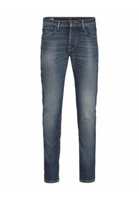 Jeans de mezclilla azul oscuro con corte ajustado, diseño de cinco bolsillos, costuras visibles y un ligero desvanecimiento en los muslos. Cierre clásico de botón y cremallera.