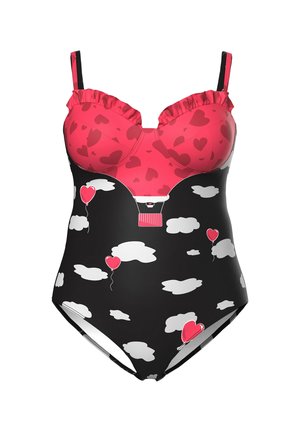 Maillot de bain une pièce avec un haut rose décoré de motifs en forme de cœur et de bords volants, un bas noir orné de graphiques de nuages blancs et de ballons rouges.