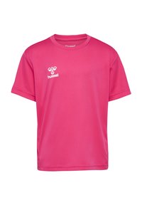 Rosa Sport-T-Shirt mit kurzen Ärmeln, aus glattem Stoff gefertigt. Verfügt über ein weißes Logo im Brustbereich und ein Rundhalsausschnitt-Design.