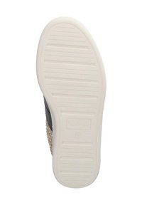 Sohle eines Schuhs mit strukturiertem Gummi-Grip, in einem hellbraunen Farbton, mit einem gewebten Akzent im oberen Bereich und Branding an der Seite.