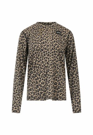 Langarm-Shirt in Beige mit schwarzem Leopardenmuster, das über einen runden Halsausschnitt und ein kleines Markenetikett an der oberen linken Seite verfügt.