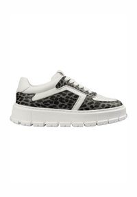 Sneaker con stampa leopardata bianca e nera, con una tomaia testurizzata, colletto imbottito e suola spessa con dettagli a taglio e lacci bianchi.