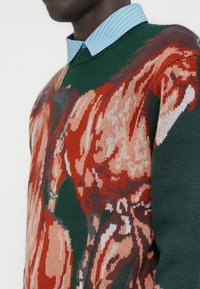 Πλεκτό πουλόβερ με πράσινη βάση, διακοσμημένο με μεγάλο λουλουδάτο μοτίβο σε κόκκινο, ροζ και μπεζ. Συνδυάζεται με γιακά με μπλε και λευκές ρίγες.