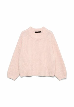 Pullover corto rosa chiaro con maniche lunghe, tessuto texturizzato, scollatura rotonda e orlo a coste. Aspetto morbido e peloso.