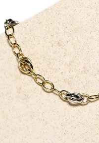 Gold metal chain necklace featuring interlinked oval and circular links, with a single distinctive silver link adding contrast.