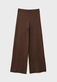 Pantalon en maille marron à jambes larges avec une ceinture élastique côtelée, conçu pour une coupe décontractée.