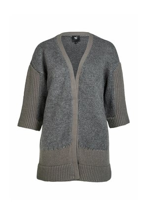 Grijze open voorkant gebreide cardigan met driekwart mouwen en geribbelde randen aan de manchetten, zoom en halslijn.