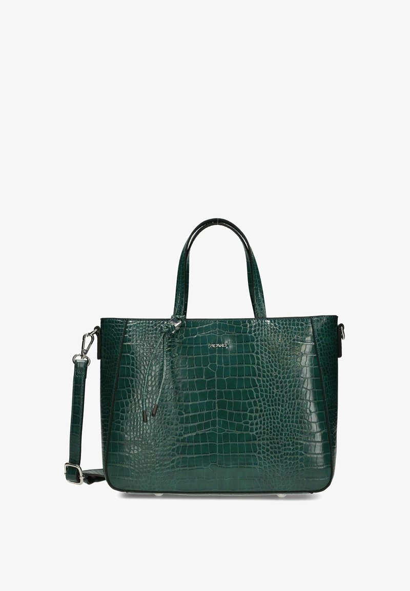 Dunkelgrüne Handtasche aus Leder mit Krokodileffekt, doppelten Griffen, abnehmbarem Schultergurt und dezentem metallic Logo auf der Vorderseite.