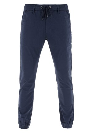 Pantalones jogger azul marino de algodón, con cintura elástica y cordón, bolsillos laterales y puños elásticos en los tobillos.