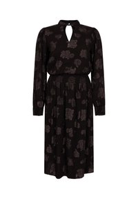 Zwarte jurk met lange mouwen en een keyhole halslijn. Heeft een geraffineerde taille en een textuurpatroon in grijstinten.