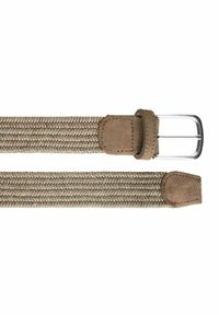 Vävd bälte i beige med en texturerad tygkropp. Har en brun mocka hållare och en silverfärgad metallspänne, med avsmalnande ändar för stil.