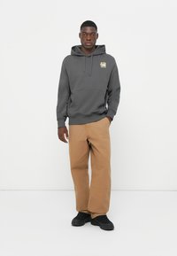 Dark gray hoodie with a front pocket and logo detail, paired with beige trousers and black sneakers, standing against a white background.