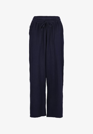 Navy blue linen pants with a loose fit, featuring an elastic waistband and a drawstring. The fabric has a textured surface with subtle creases.