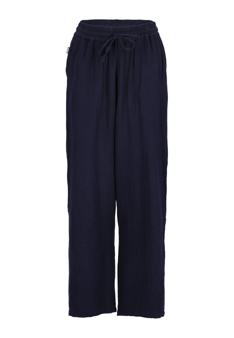Bundfaltenhose aus nachtblauem Leinen mit lockerer Passform, ausgestattet mit einem elastischen Bund und einem Kordelzug. Der Stoff hat eine strukturierte Oberfläche mit dezenten Falten.