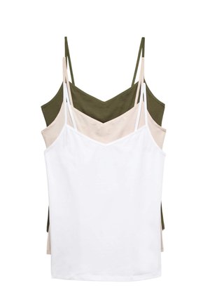 Tres camisetas de tirantes finos para mujer, superpuestas, en colores blanco, beige y verde oliva sobre un fondo blanco.