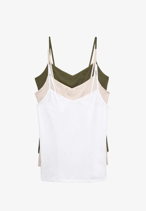 Trois hauts de type camisole pour femmes superposés, avec des bretelles fines, en blanc, beige et vert olive sur un fond blanc.