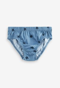 Slip de înot pentru copii, de culoare albastru deschis, cu un elastic strâns în talie, decorat cu modele de stele de culoare albastru închis pe întreaga suprafață. Material moale și elastic.