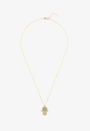 Collier en ton doré avec un pendentif en forme de main orné de pierres précieuses bleues et de strass transparents, chaîne texturée avec fermoir ajustable.
