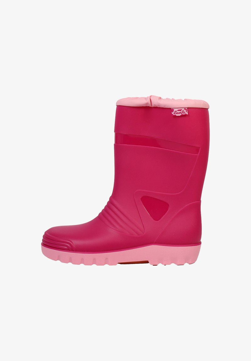 Botte de pluie en caoutchouc rose avec un revers rose, surface texturée, design profilé et semelle texturée pour une meilleure adhérence. Présente un panneau d'accent latéral.