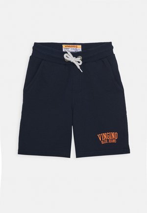 Granatowe szorty wykonane z mieszanki bawełny, z elastycznym paskiem z sznurkiem, dwoma bocznymi kieszeniami oraz haftowanym w pomarańczowym logo "VINGINO BLUE JEANS".