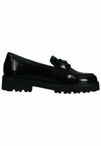 Mocasines de charol negro con suela gruesa y tachuelas decorativas negras en la parte superior. Presentan una textura suave y un diseño sin cordones.