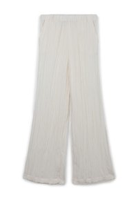 Pantaloni leggeri color crema con vestibilità rilassata, caratterizzati da pieghe verticali, un elastico in vita e tasche laterali.