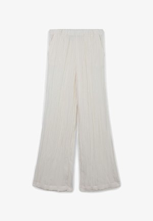 Leichte, cremefarbene Hose mit lockerer Passform, vertikalen Falten, elastischem Bund und seitlichen Taschen.