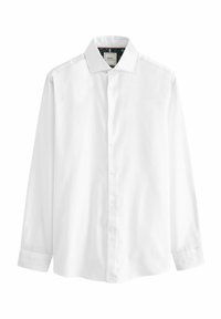 Camisa blanca de manga larga, con cuello y corte recto. Cuenta con cierre frontal de botones y forro de tela estampada en el interior del cuello.
