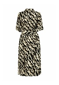 Černé a krémové šaty s vlnkovým zvířecím vzorem, krátké rukávy, zapínací límec a páskový pas. Šaty střední délky s detailem na zadní části.