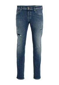 Slim-fit blue jeans made of denim, featuring distressed details and ripped sections. Classic five-pocket design with a button closure.